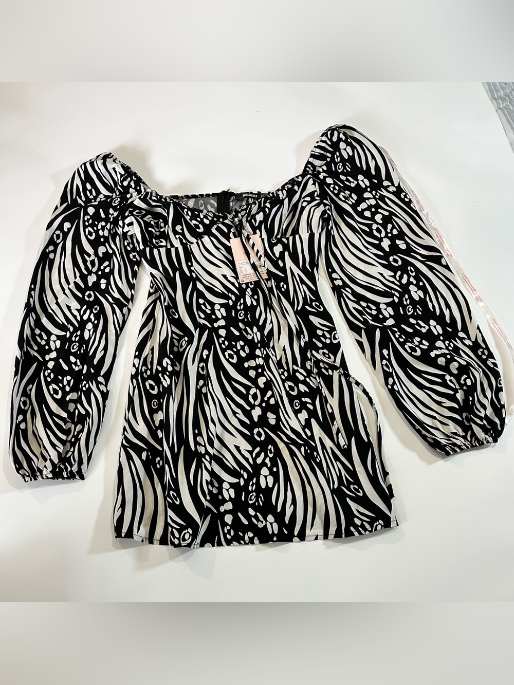Missguided Zebra Print Milkmaid Skater Mini Dress Puff Sleeve US 6